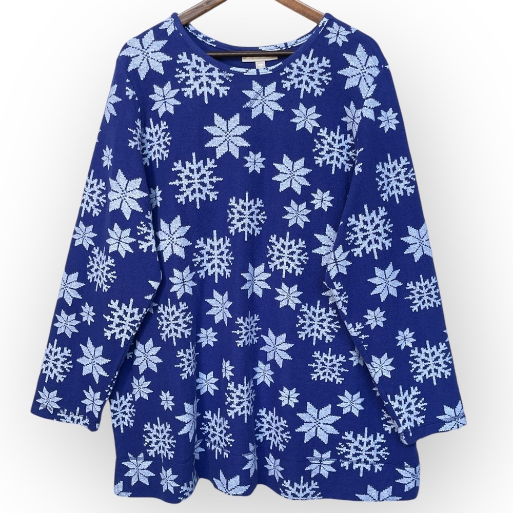 Woman Within Blue Snowflake Print Long Sleeve Top Plus Size 2X 26/28
